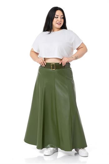 Büyük Beden Kemerli Uzun Haki Deri Etek