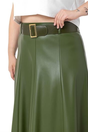 Büyük Beden Kemerli Uzun Haki Deri Etek