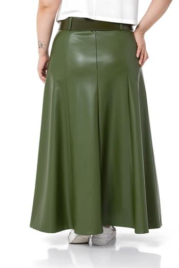 Büyük Beden Kemerli Uzun Haki Deri Etek