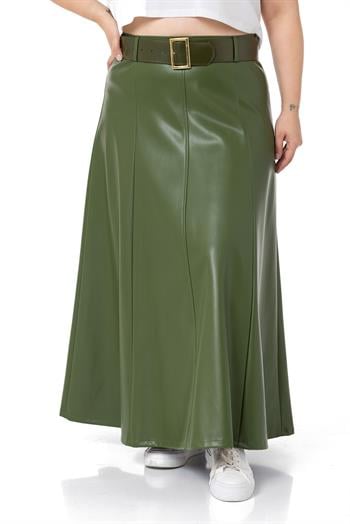 Büyük Beden Kemerli Uzun Haki Deri Etek