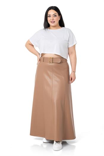 Büyük Beden Kemerli Uzun Vizon Deri Etek