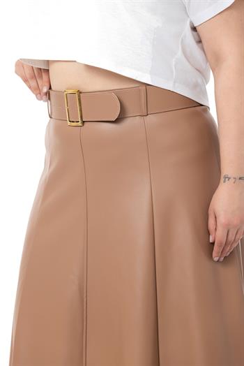 Büyük Beden Kemerli Uzun Vizon Deri Etek