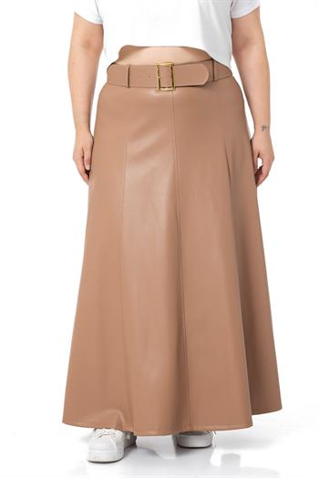 Büyük Beden Kemerli Uzun Vizon Deri Etek