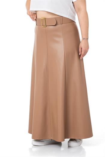 Büyük Beden Kemerli Uzun Vizon Deri Etek