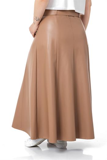 Büyük Beden Kemerli Uzun Vizon Deri Etek