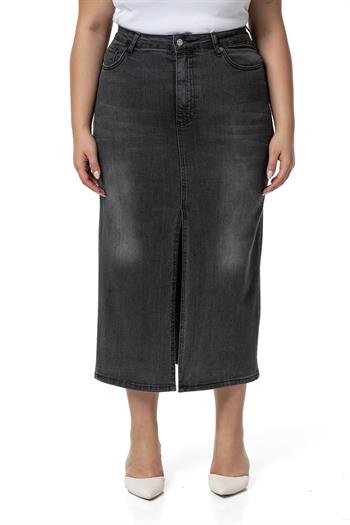 Büyük Beden Önden Yırtmaç Detaylı Beş Cepli Midi Denim Antrasit Etek