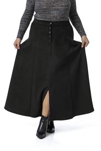 Büyük Beden Önden Yırtmaçlı Düğmeli Beli Arkadan Lastikli Uzun Süet Siyah Etek 