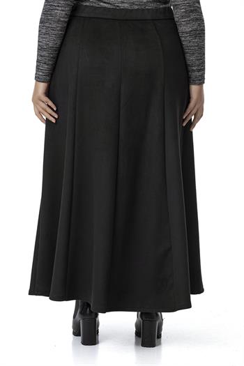 Büyük Beden Önden Yırtmaçlı Düğmeli Beli Arkadan Lastikli Uzun Süet Siyah Etek 