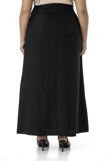 Büyük Beden Önden Yırtmaçlı Süs Bağlama Detaylı Torba Cepli Siyah Midi Etek