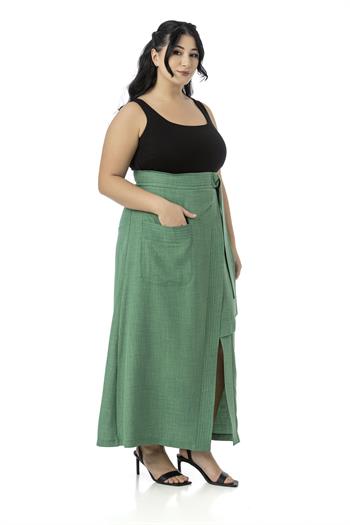 Büyük Beden Önden Yırtmaçlı Süs Bağlama Detaylı Torba Cepli Yeşil Midi Etek