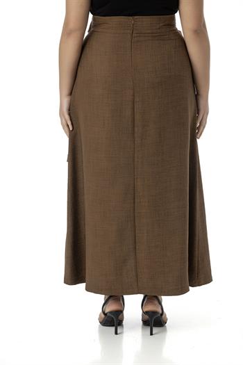 Büyük Beden Önden Yırtmaçlı Süs Bağlama Detaylı Torba Cepli Kahverengi Midi Etek