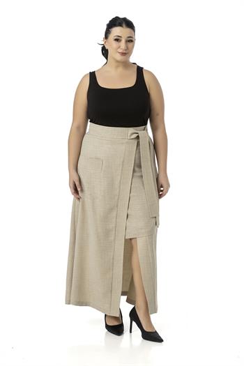 Büyük Beden Önden Yırtmaçlı Süs Bağlama Detaylı Torba Cepli Bej Rengi Midi Etek