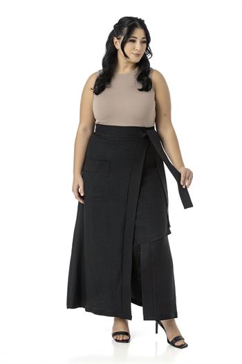 Büyük Beden Önden Yırtmaçlı Süs Bağlama Detaylı Torba Cepli Siyah Midi Etek