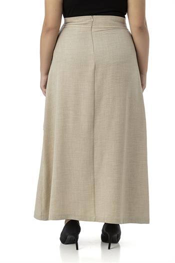 Büyük Beden Önden Yırtmaçlı Süs Bağlama Detaylı Torba Cepli Bej Rengi Midi Etek