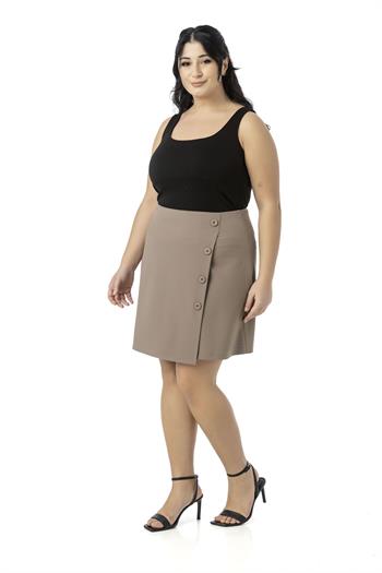 Büyük Beden Önü Çift Katlı Süs Düğme Detaylı Fermuar Kapamalı Mini Vizon Etek