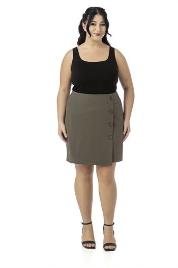 Büyük Beden Önü Çift Katlı Süs Düğme Detaylı Fermuar Kapamalı Mini Haki Etek