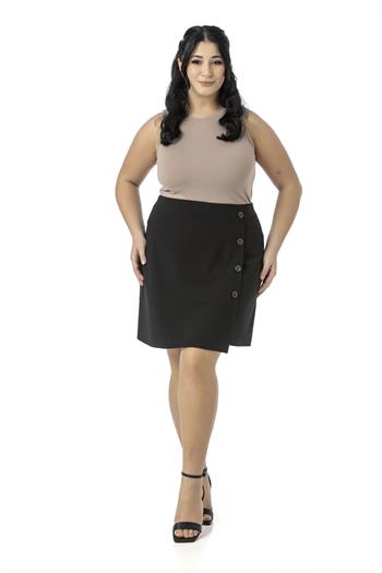 Büyük Beden Önü Çift Katlı Süs Düğme Detaylı Fermuar Kapamalı Mini Siyah Etek