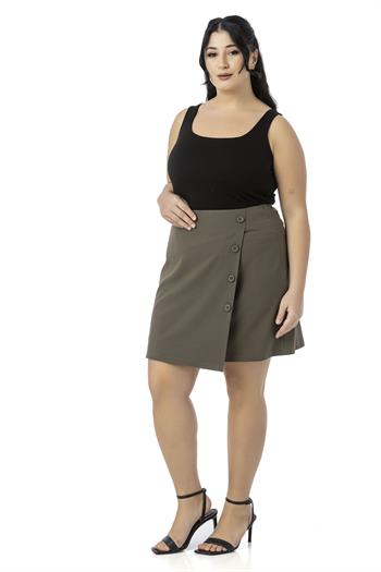 Büyük Beden Önü Çift Katlı Süs Düğme Detaylı Fermuar Kapamalı Mini Haki Etek