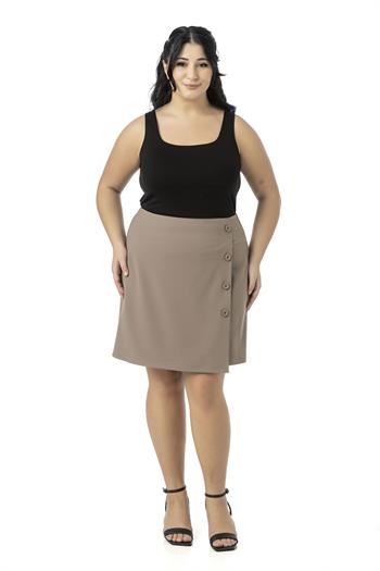 Büyük Beden Önü Çift Katlı Süs Düğme Detaylı Fermuar Kapamalı Mini Vizon Etek