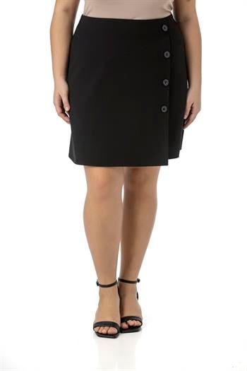 Büyük Beden Önü Çift Katlı Süs Düğme Detaylı Fermuar Kapamalı Mini Siyah Etek