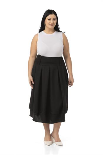 Büyük Beden Pileli Balon Kesim Midi Siyah Etek
