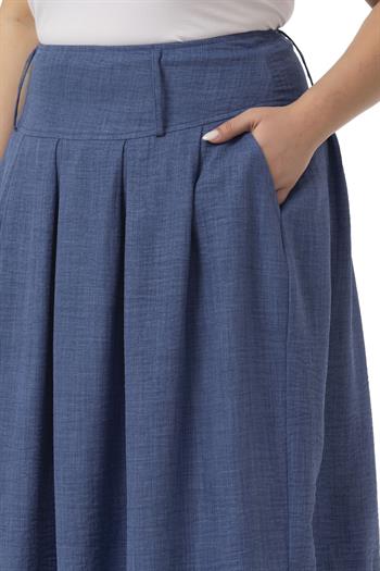 Büyük Beden Pileli Balon Kesim Midi İndigo Etek