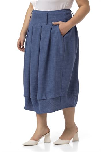 Büyük Beden Pileli Balon Kesim Midi İndigo Etek