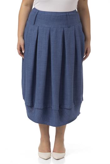 Büyük Beden Pileli Balon Kesim Midi İndigo Etek