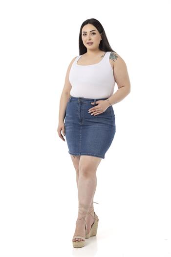 Büyük Beden Taşlama Detaylı Beş Cepli Mavi Mini Denim Etek