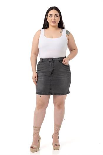 Büyük Beden Taşlama Detaylı Beş Cepli Antrasit Mini Denim Etek