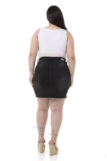 Büyük Beden Taşlama Detaylı Beş Cepli Siyah Mini Denim Etek