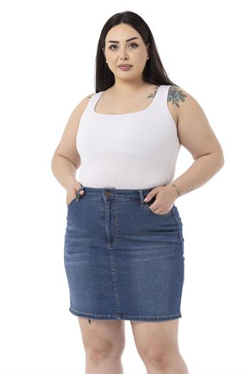 Büyük Beden Taşlama Detaylı Beş Cepli Mavi Mini Denim Etek