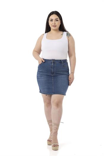 Büyük Beden Taşlama Detaylı Beş Cepli Mavi Mini Denim Etek