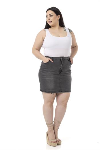 Büyük Beden Taşlama Detaylı Beş Cepli Antrasit Mini Denim Etek
