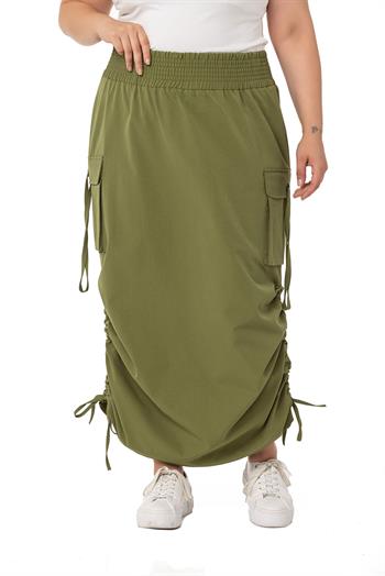 Büyük Beden Yanlardan Büzgü Detaylı Beli Lastikli Paraşüt Uzun Haki Etek