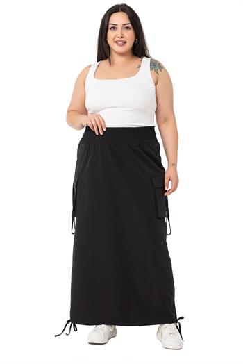 Büyük Beden Yanlardan Büzgü Detaylı Beli Lastikli Paraşüt Uzun Siyah Etek