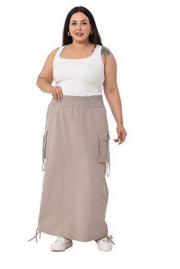 Büyük Beden Yanlardan Büzgü Detaylı Beli Lastikli Paraşüt Uzun Taş Rengi Etek