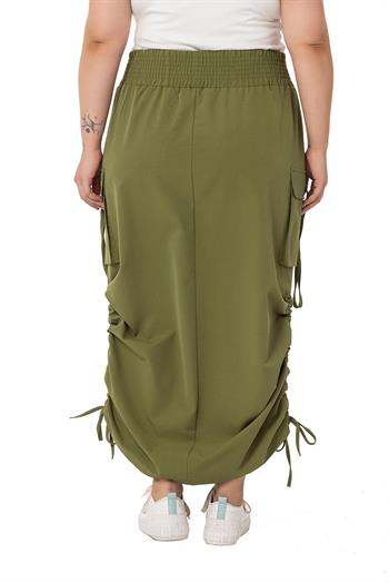 Büyük Beden Yanlardan Büzgü Detaylı Beli Lastikli Paraşüt Uzun Haki Etek
