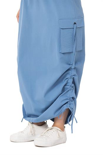 Büyük Beden Yanlardan Büzgü Detaylı Beli Lastikli Paraşüt Uzun Mavi Etek