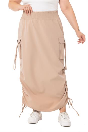 Büyük Beden Yanlardan Büzgü Detaylı Beli Lastikli Paraşüt Uzun Vizon Etek