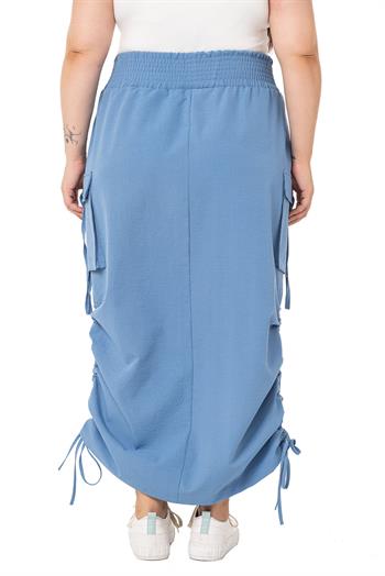 Büyük Beden Yanlardan Büzgü Detaylı Beli Lastikli Paraşüt Uzun Mavi Etek