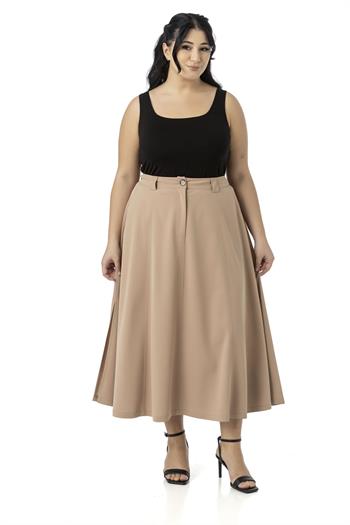 Büyük Beden Yanlardan Yırtmaçlı Beli Arkadan Lastikli Midi Vizon Etek