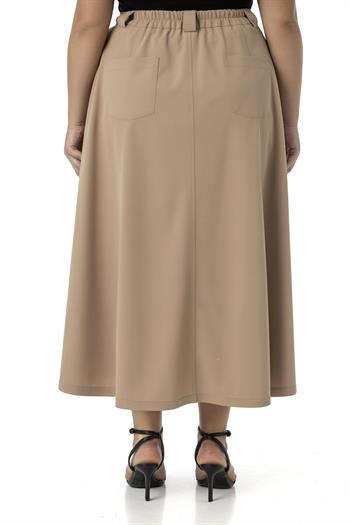 Büyük Beden Yanlardan Yırtmaçlı Beli Arkadan Lastikli Midi Vizon Etek