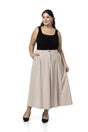 Büyük Beden Yanlardan Yırtmaçlı Beli Arkadan Lastikli Midi Bej Rengi Etek
