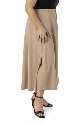 Büyük Beden Yanlardan Yırtmaçlı Beli Arkadan Lastikli Midi Vizon Etek