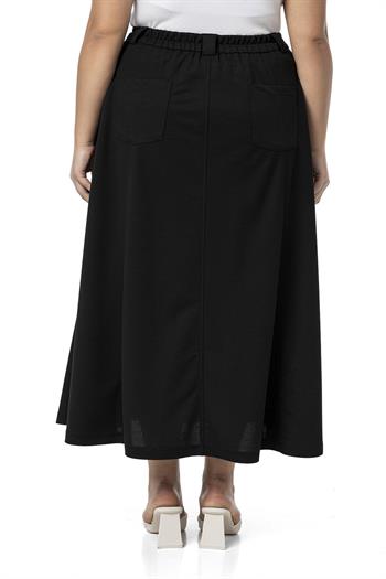 Büyük Beden Yanlardan Yırtmaçlı Beli Arkadan Lastikli Midi Siyah Etek