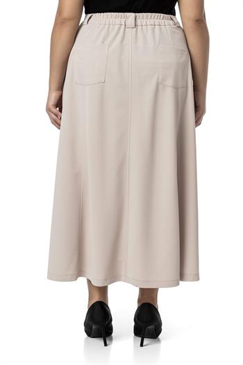 Büyük Beden Yanlardan Yırtmaçlı Beli Arkadan Lastikli Midi Bej Rengi Etek