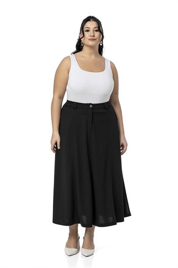 Büyük Beden Yanlardan Yırtmaçlı Beli Arkadan Lastikli Midi Siyah Etek