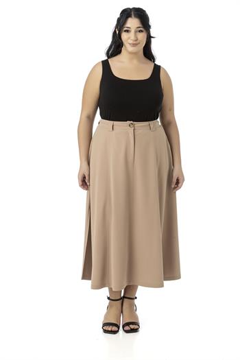 Büyük Beden Yanlardan Yırtmaçlı Beli Arkadan Lastikli Midi Vizon Etek