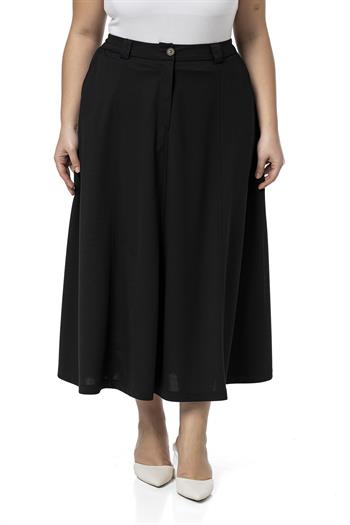 Büyük Beden Yanlardan Yırtmaçlı Beli Arkadan Lastikli Midi Siyah Etek